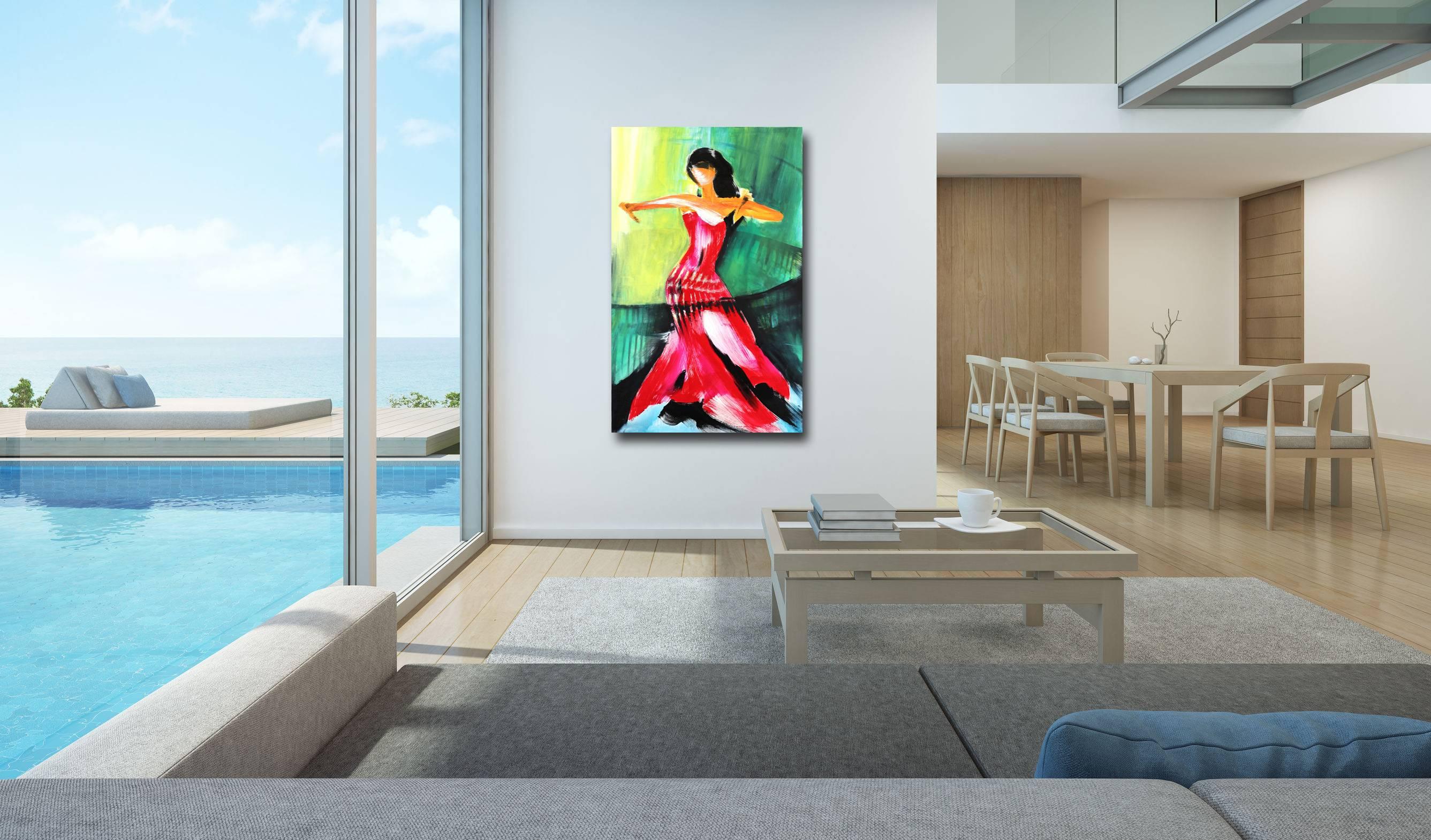 Danseuse en rouge - Grande peinture à l'huile figurative colorée sur toile - Painting de Bettina Mauel