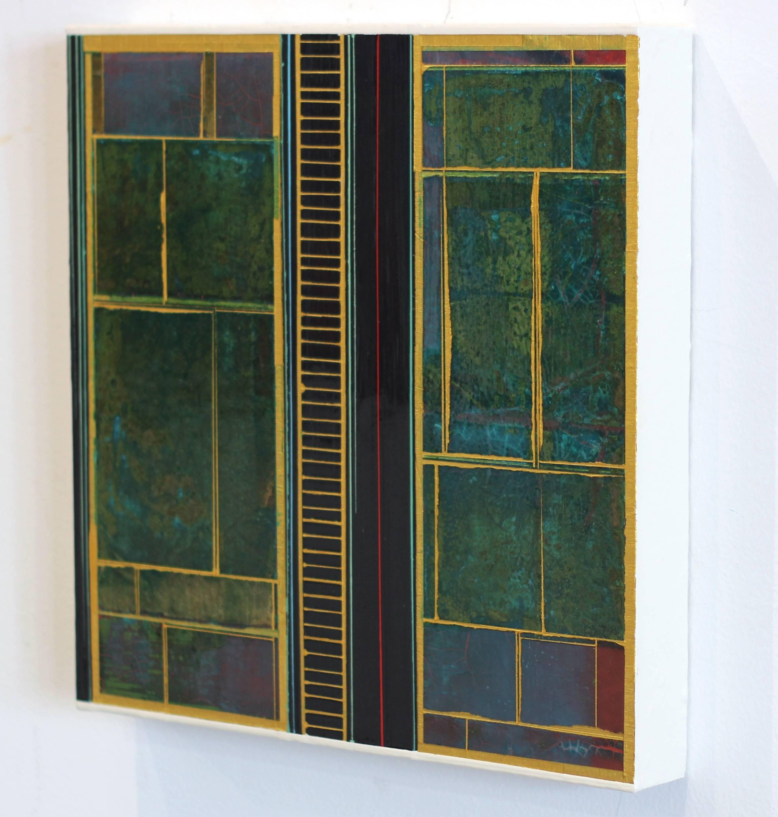 Fields n°8 - Peinture murale d'origine géométrique abstraite verte et or en vente 1