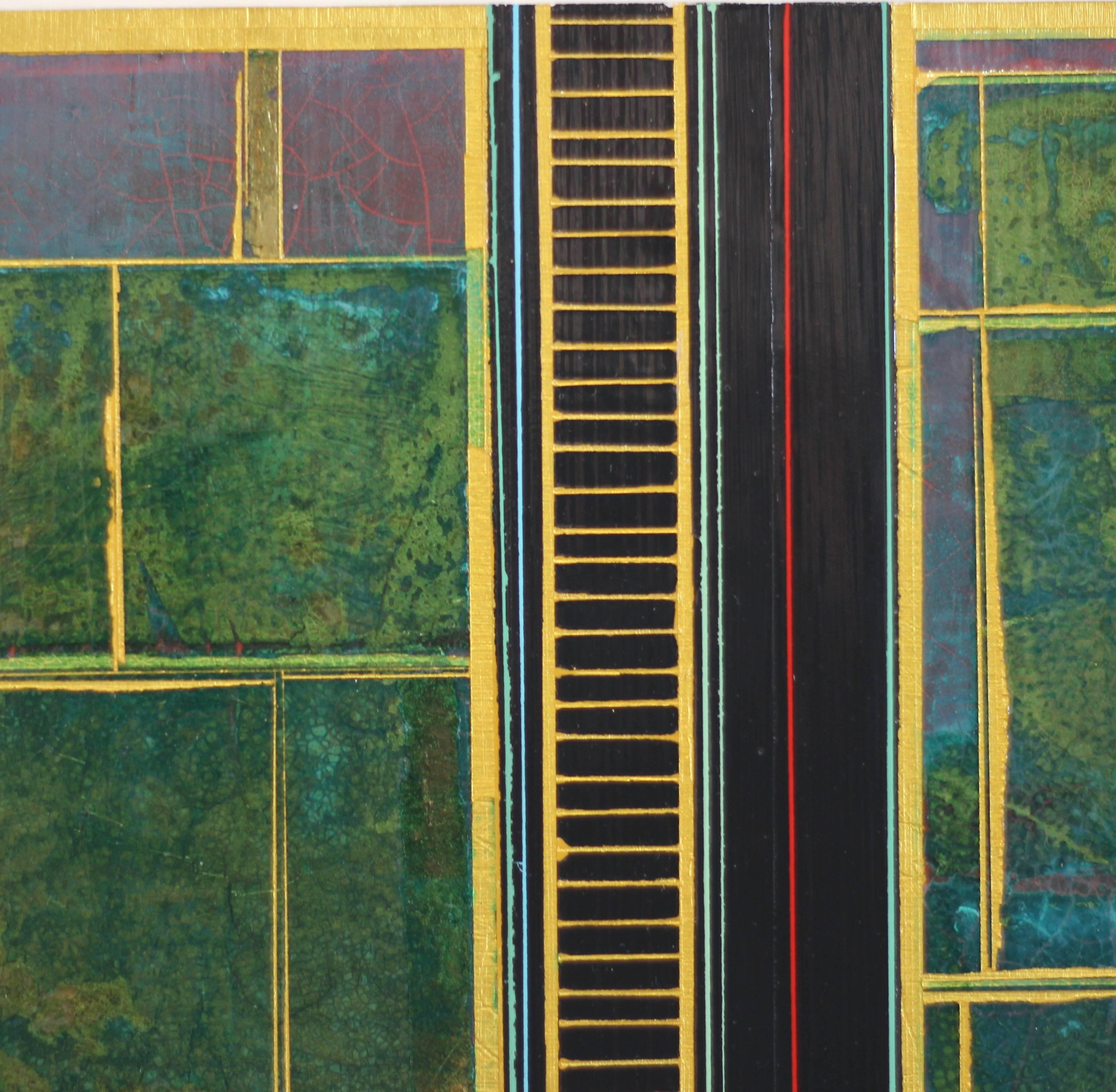 Fields #8 - Abstract Green Gold Geometric Original Wall Painting - Contemporary Mixed Media Art by Alexander Eulert