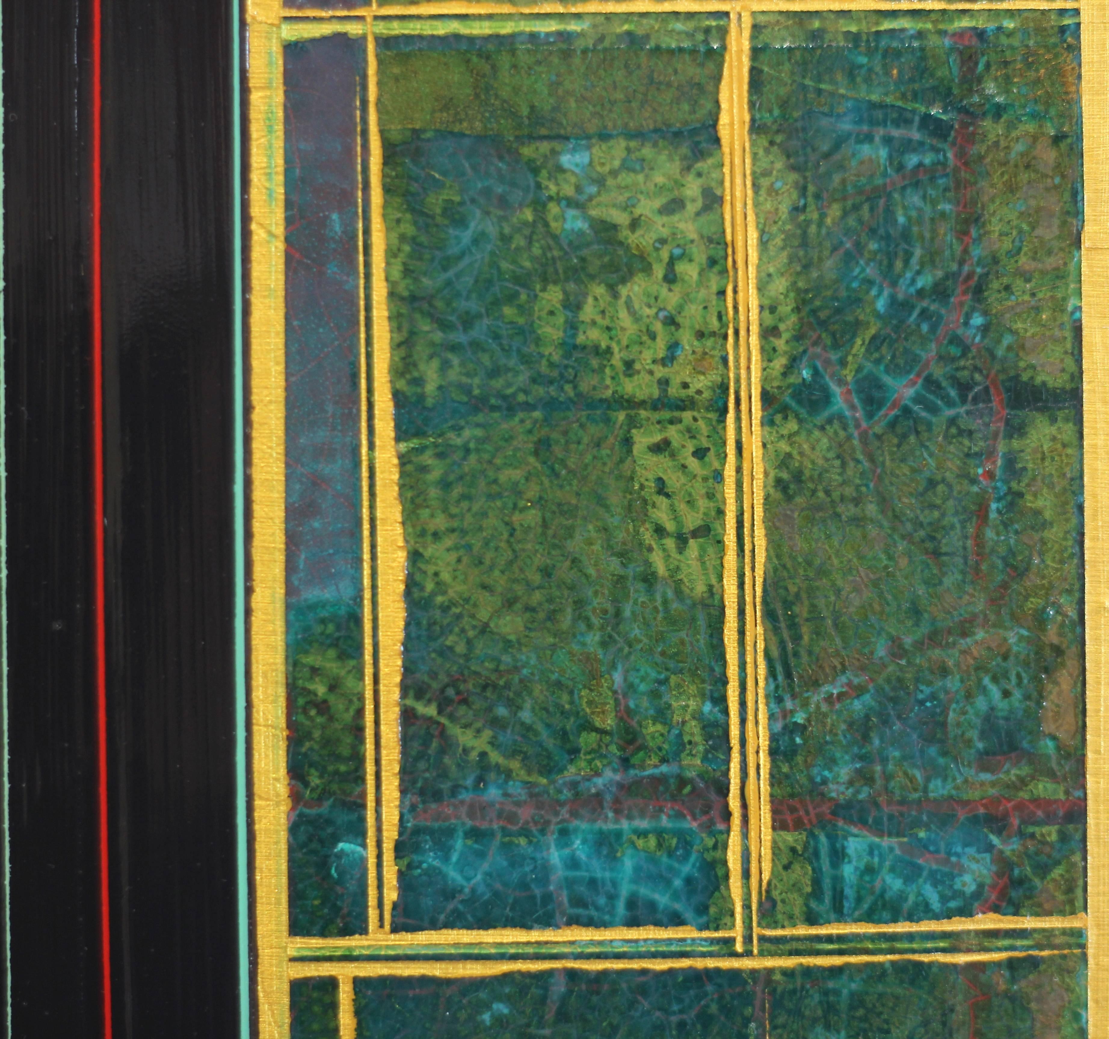 Fields n°8 - Peinture murale d'origine géométrique abstraite verte et or en vente 3
