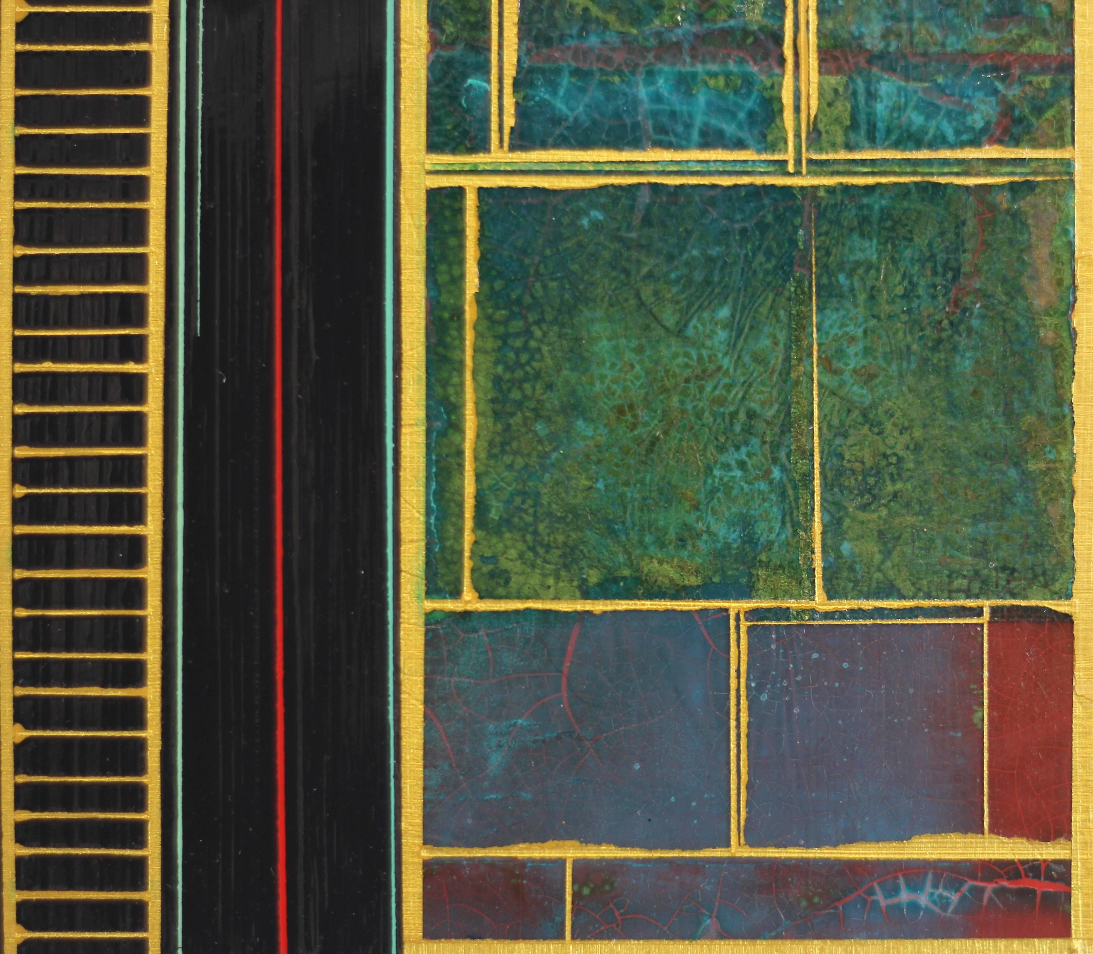 Fields n°8 - Peinture murale d'origine géométrique abstraite verte et or en vente 6