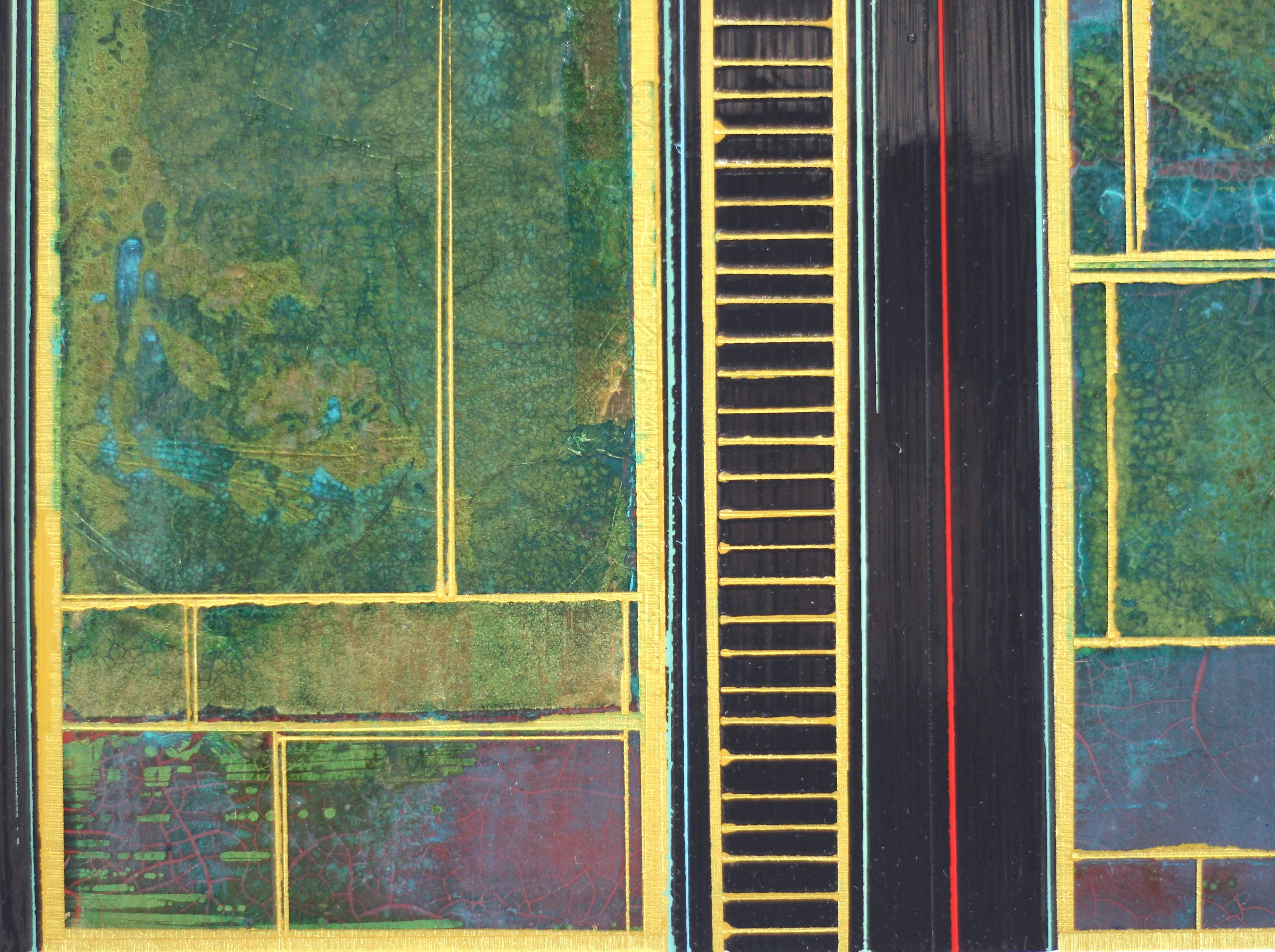 Fields n°8 - Peinture murale d'origine géométrique abstraite verte et or en vente 7
