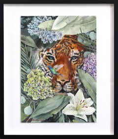 A Tiger and a Hummingbird - Floral Watercolor Animal in Nature Painting Framed