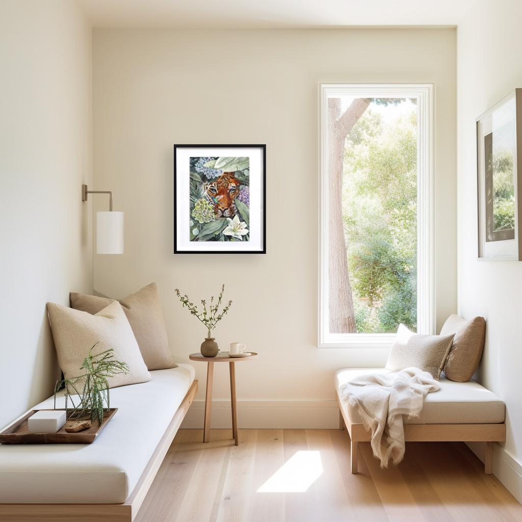 Un Tigre y un Colibrí - Acuarela Floral Animal en la Naturaleza Pintura Enmarcada en venta 1