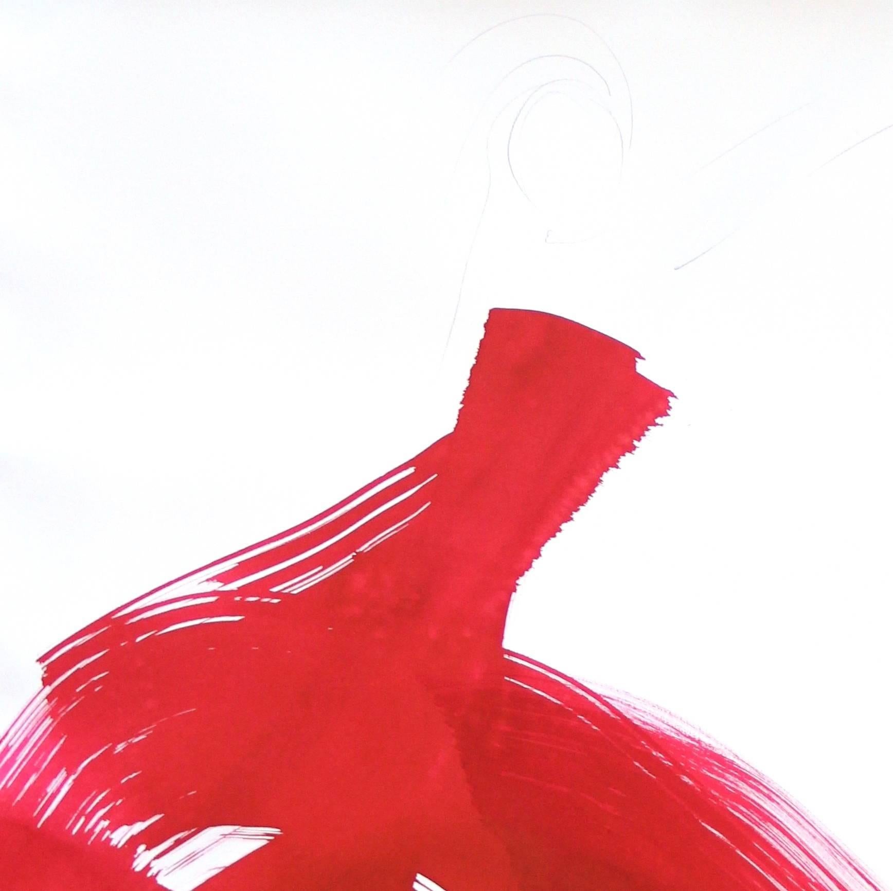 The Red Cloth 83 - Pittura ad inchiostro figurativa originale con abito minimalista da ballerina - Painting di Bettina Mauel