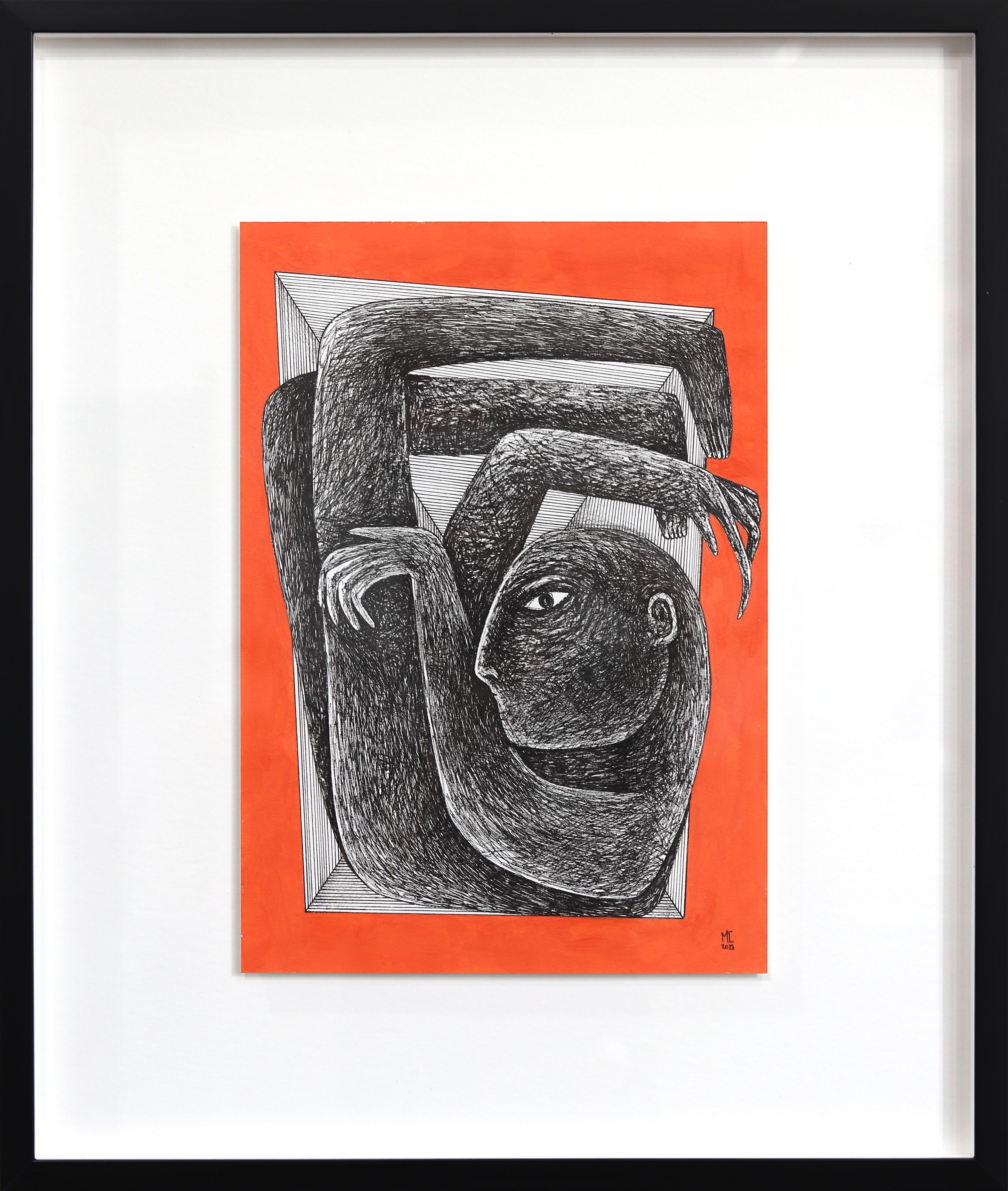 En Caja - Obra de Arte Figurativa Original Abstracta Naranja, Blanco y Negro sobre Papel