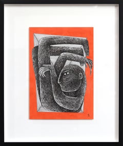 En Caja - Obra de Arte Figurativa Original Abstracta Naranja, Blanco y Negro sobre Papel