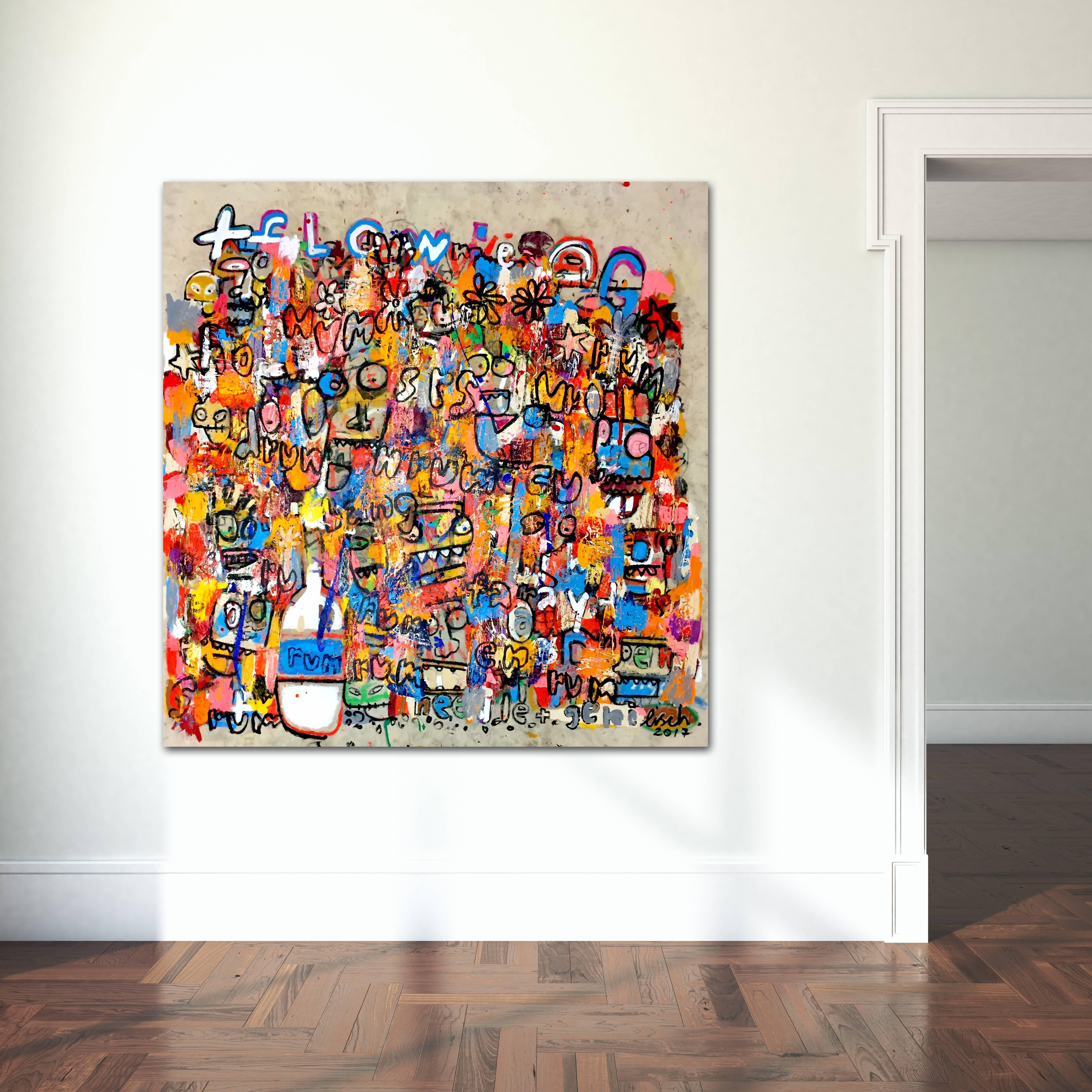 Swedish artist Jonas Fisch’s imagery is vibrantly buzzing with colorful commentary on society, past and present, morphed into figures, words and shapes. His heavily layered canvases are the foundations of a new dialogue.

This 64 inch tall by 68