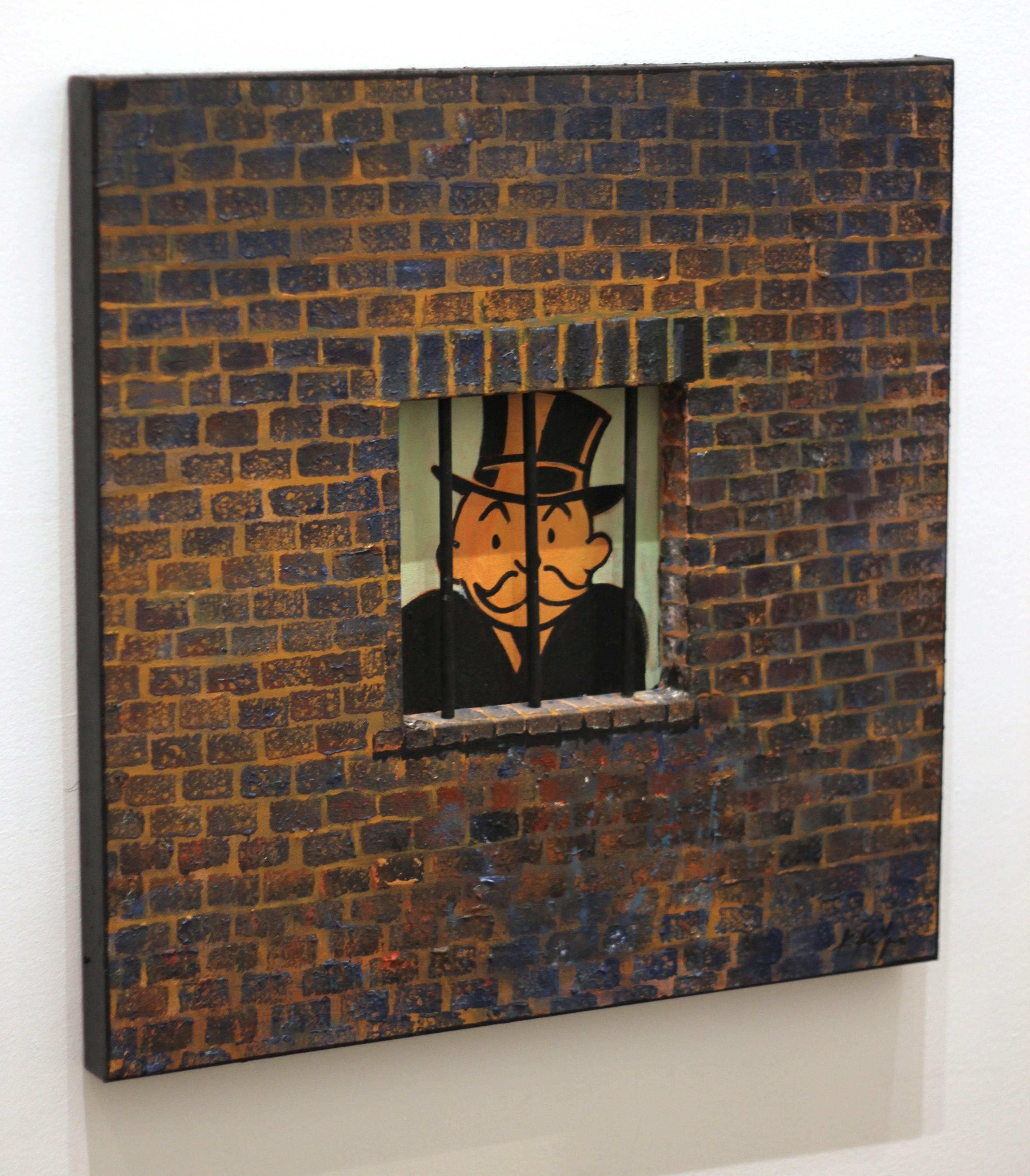 Bricked In Uncle Pennybags - Gray Figurative Painting by Kathleen Keifer