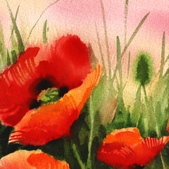 Poppies 2 - Dipinto originale ad acquerello su carta: paesaggio floreale astratto