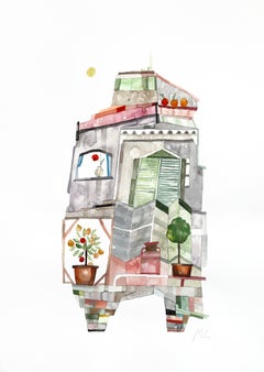 Golden Peach Afternoon - Colorful Architectural Still Life Watercolor Painting