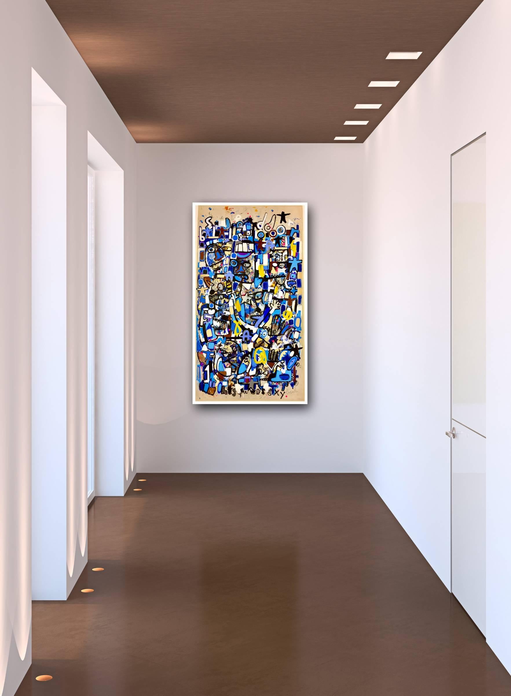 Swedish artist Jonas Fisch’s imagery is vibrantly buzzing with colorful commentary on society, past and present, morphed into figures, words and shapes. His heavily layered canvases are the foundations of a new dialogue.

This 68 inch tall by 38