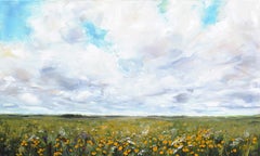 « Là où dansent les fleurs sauvages » - Peinture sur toile en techniques mixtes représentant un paysage rural