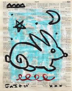 Moon Bunny - Original Abstract Acrylic Blue Pop Art on Newspaper by Gary John