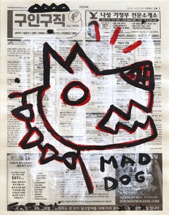 Mad Dog – Originelles abstraktes Pop-Art-Gemälde mit Tiermotiven in Acryl auf Zeitungspapier von Gary John