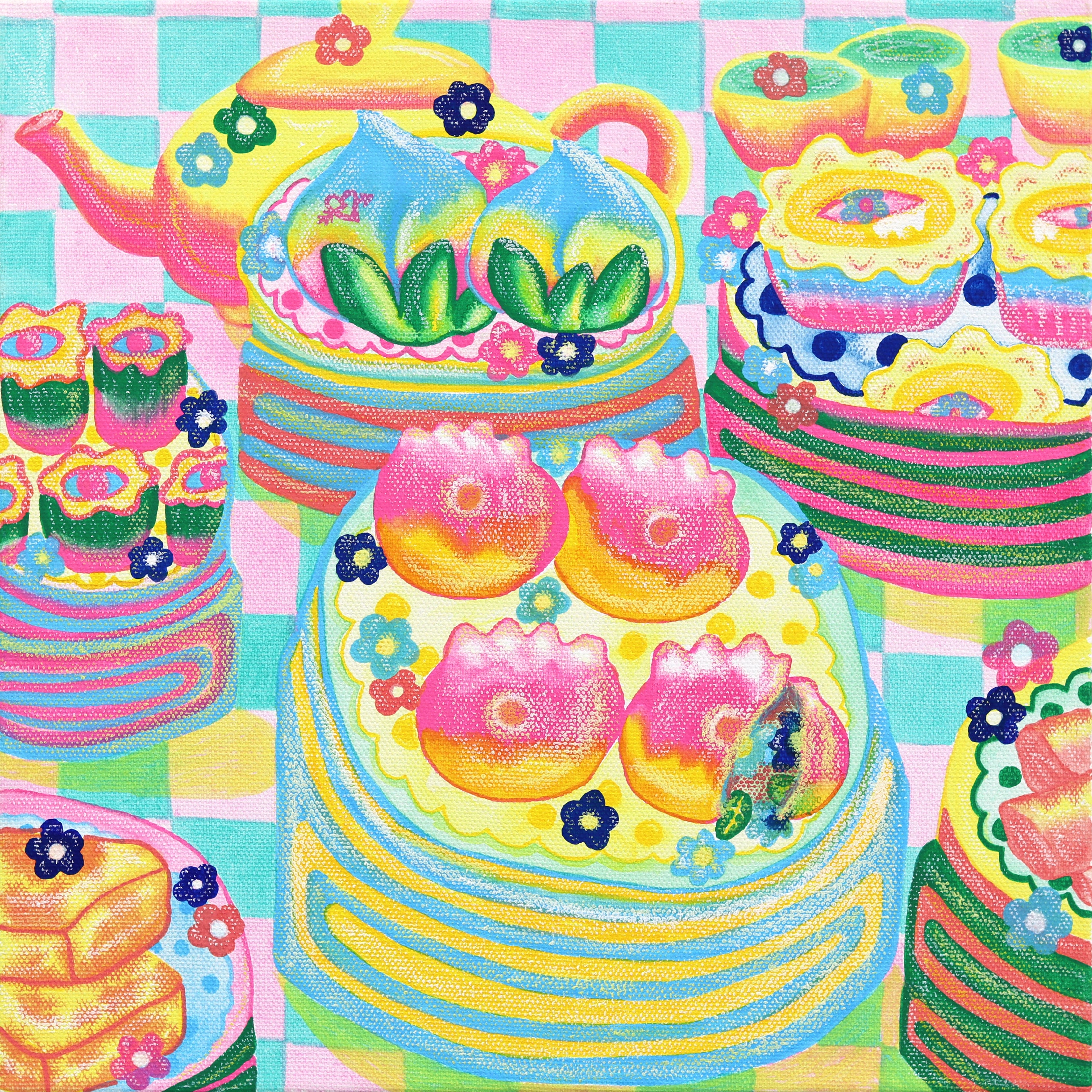 Tea Time – Feministisches, surrealistisches, farbenfrohes Dessert-Stillleben auf Leinwand