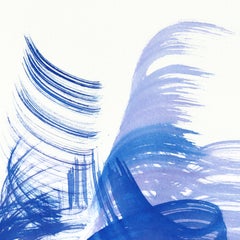 Blue Swirl 1 - Pintura abstracta y minimalista con trazos fluidos a tinta sobre papel de lino francés