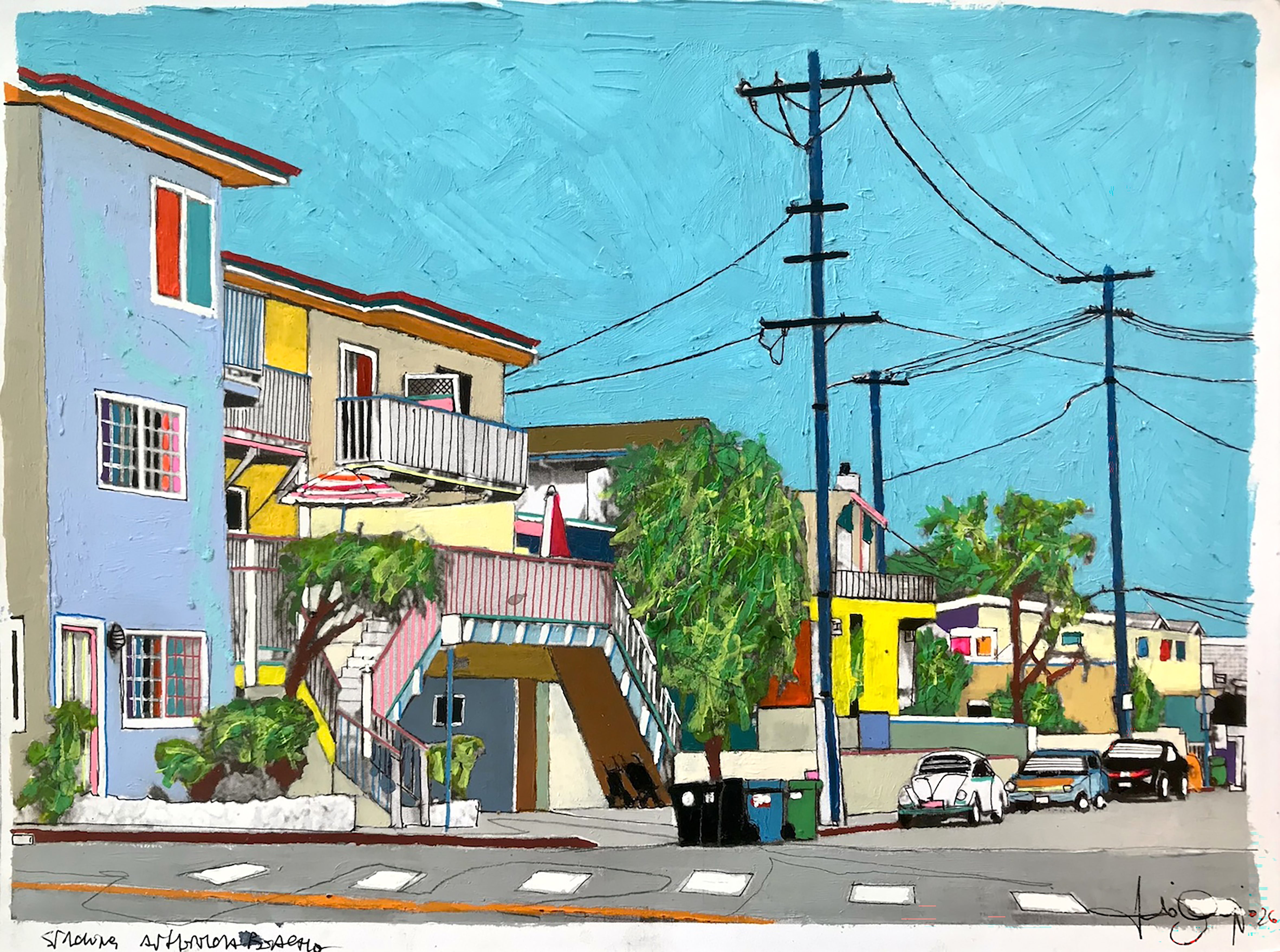 Fabio Coruzzi Still-Life Painting - Strolling Hermosa Beach - Abstract Colorful Still Life Mixed Media Art on Paper