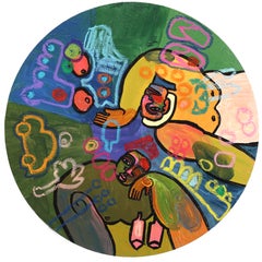 Disco 2: Arte figurativo abstracto, circular y de inspiración cubista, colorido y en técnica mixta