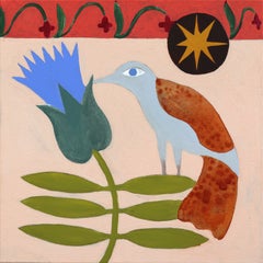 Resting Spot - Abstract Folk Art Inspired Bird Still Life Painting on Cavnas