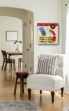Resting Spot - Abstract Folk Art Inspired Bird Still Life Painting on Cavnas