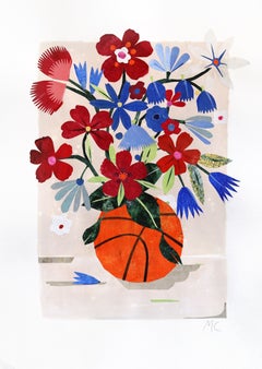 Courtside Blooms, Knicks - Collage in tecnica mista ispirato allo sport e ai fiori