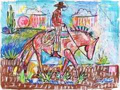 Desert Drifter - Original Abstract Colorful Cowboy on Horse Artwork on Paper