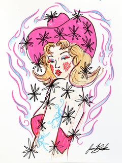 "Portale dei fiori" - Opera d'arte originale astratta raffigurante una cowgirl in stile pin-up su carta