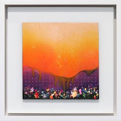 « Simmering Sunset » - Œuvre d'art abstraite moderne et éclatante représentant un paysage, technique mixte, sous cadre