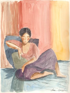 „Ponder III“ – Originelles, abstrakt-figuratives Porträt, Aquarell auf Papier