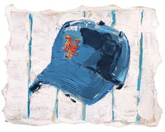 New York Mets – Originelles, abstraktes Sport-Stillleben auf Papier, inspiriert von einer Baseballkappe