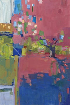 La couleur du printemps - Peinture abstraite originale et colorée représentant un paysage, réalisée en techniques mixtes