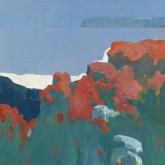 « Brume matinale et feuille de fleur rouge » - Peinture abstraite de paysage en techniques mixtes
