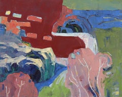 Le rivage en été - Peinture originale abstraite et colorée représentant un paysage, réalisée en techniques mixtes