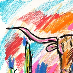 « Ranch Sunset » - Œuvre d'art originale, abstraite et colorée, inspirée du Sud-Ouest américain, représentant un taureau, sur papier