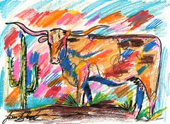 « Ranch Sunset » - Œuvre d'art originale, abstraite et colorée, inspirée du Sud-Ouest américain, représentant un taureau, sur papier