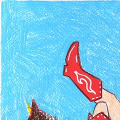 Saddle Sips - Illustration originale et originale représentant une cow-girl colorée et abstraite à cheval, sur papier