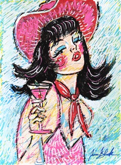 Te Amo - Obra de arte original en papel, de estilo abstracto, colorido, figurativo y retro, inspirada en las pin-ups