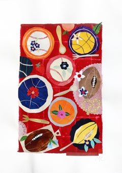 Pasticcini sportivi - Collage in tecnica mista su carta: una natura morta stravagante e colorata