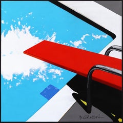 Leuchtend rote Tafel – Abstraktes, farbenfrohes Sommer-Stillleben, Mischtechnik, Pop-Art