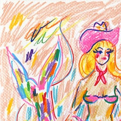 Drunk Ciggs – Originelles, abstraktes, farbenfrohes, figuratives Kunstwerk mit Meerjungfrauen-Cowgirl-Motiv auf Papier