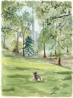3pm on a Wednesday - Original Nature Watercolor Dog Landscape Painting on Paper