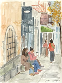 In Passing - Original Figurative Watercolor City Landscape Painting on Paper