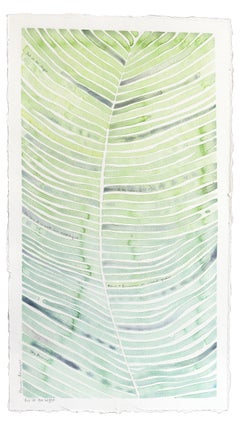« Let It Be Light » - Peinture originale abstraite à l'aquarelle sur papier, représentant une feuille dans des tons verts