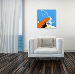 Tableau « Orange » au bord de la piscine – Nature morte estivale abstraite et colorée, technique mixte, pop art