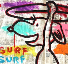 « Snoopy faisant du surf » - Œuvre pop art figurative et colorée en acrylique, inspirée des dessins animés, par Gary John