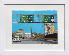 LA By the Freeway - Opera d'arte astratta incorniciata con paesaggio urbano colorato, tecnica mista