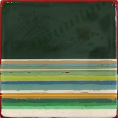 In Tune 81 – Zeitgenössisches, abstraktes Kunstwerk aus Kunstharz im minimalistischen Stil mit grünen Streifen