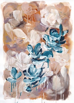 Blue Hour - Original Abstract Floral Still Life Sally K Painting on Paper