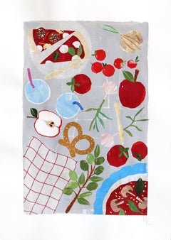 Pizza Party - Colorful Food Still Life Mixed Media Collage Artwork on Paper